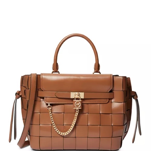Michael Kors Handbags - Michael Kors Woven Leather Satchel in Cognac Brown with Gold Hardware
